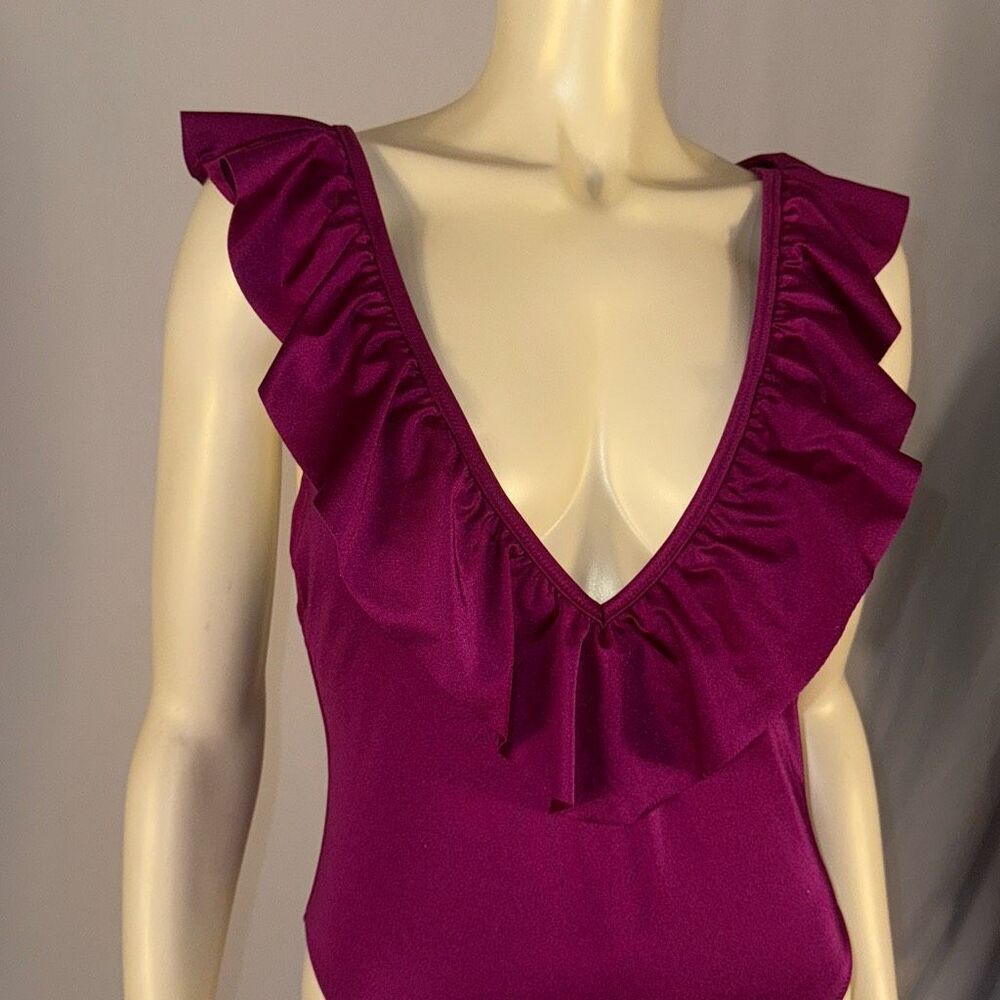 PINK Victoria's Secret One Piece Ruffle Swimsuit Deep V Violet Purple Medium‎ - Picture 2 of 15